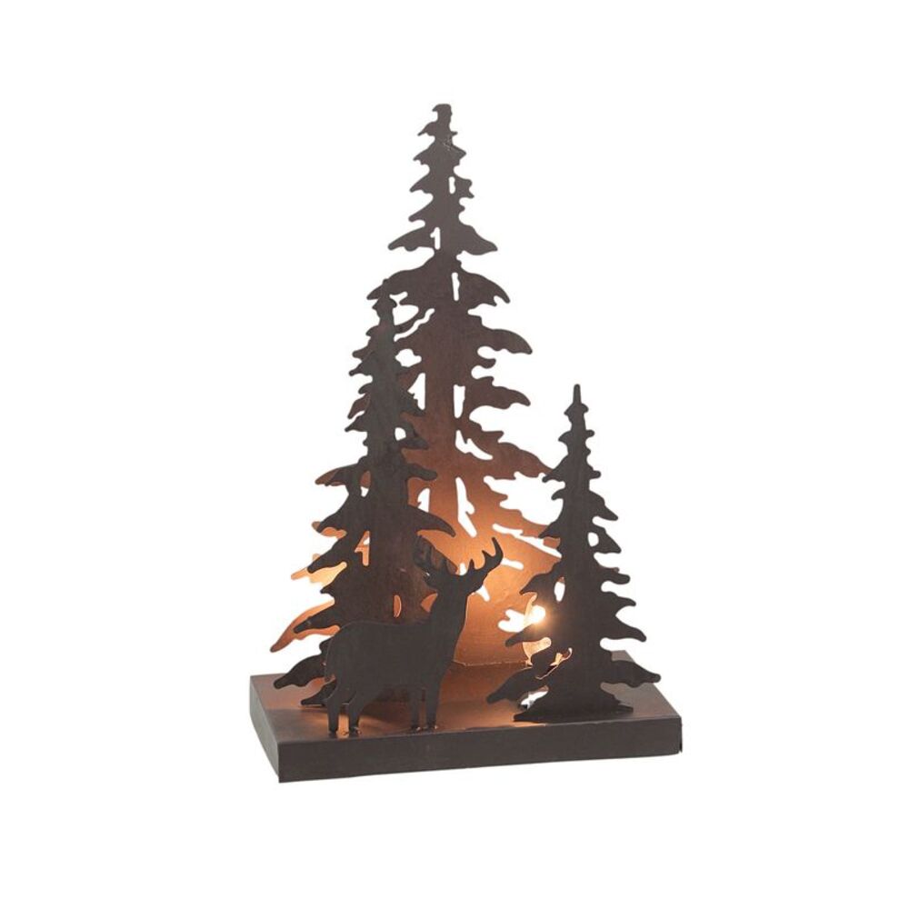 Rustic Brown Finished Metal Solo Buck Deer in Forest Silhouette Ambient Light